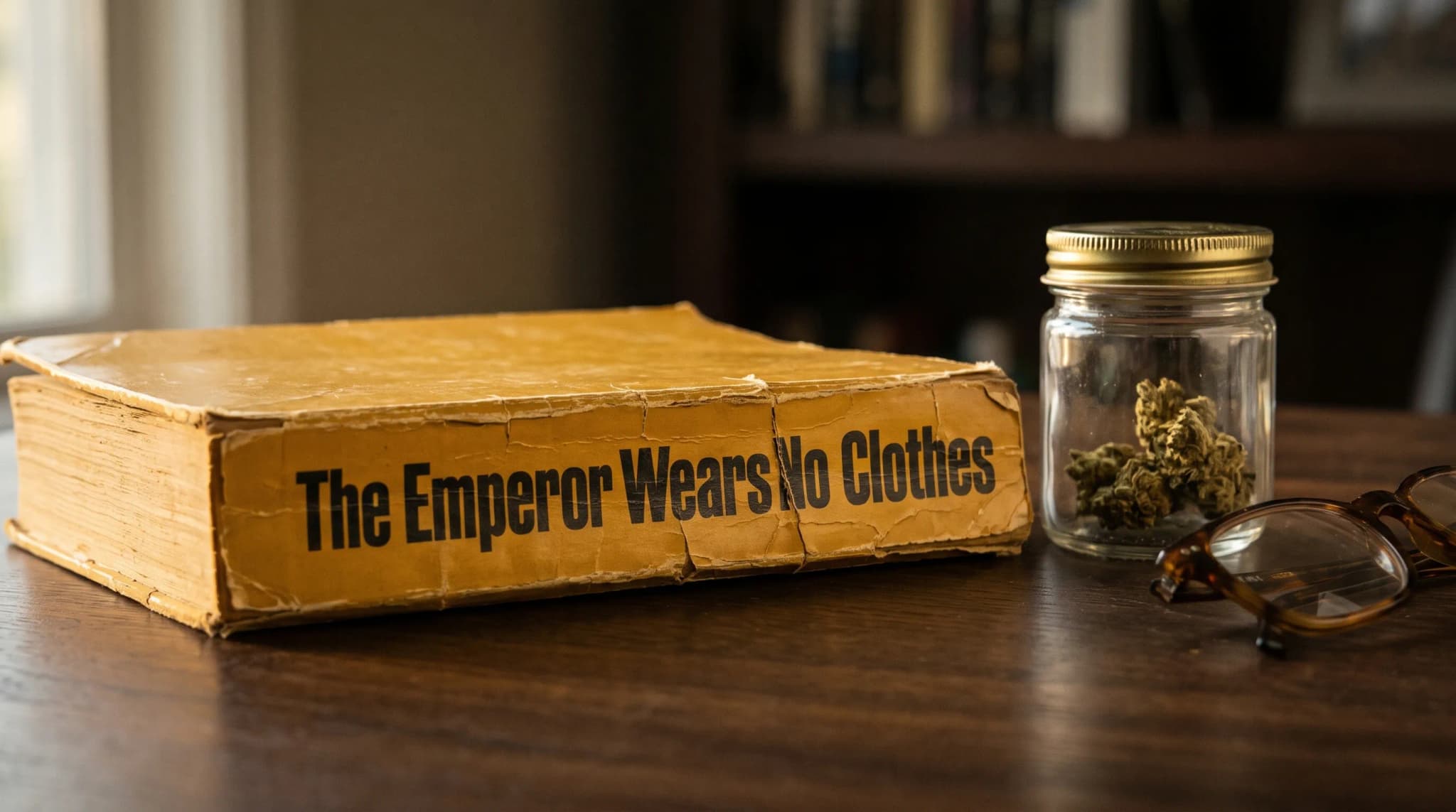 A worn copy of The Emperor Wears No Clothes beside a small glass jar of cannabis buds and reading glasses on a wooden table