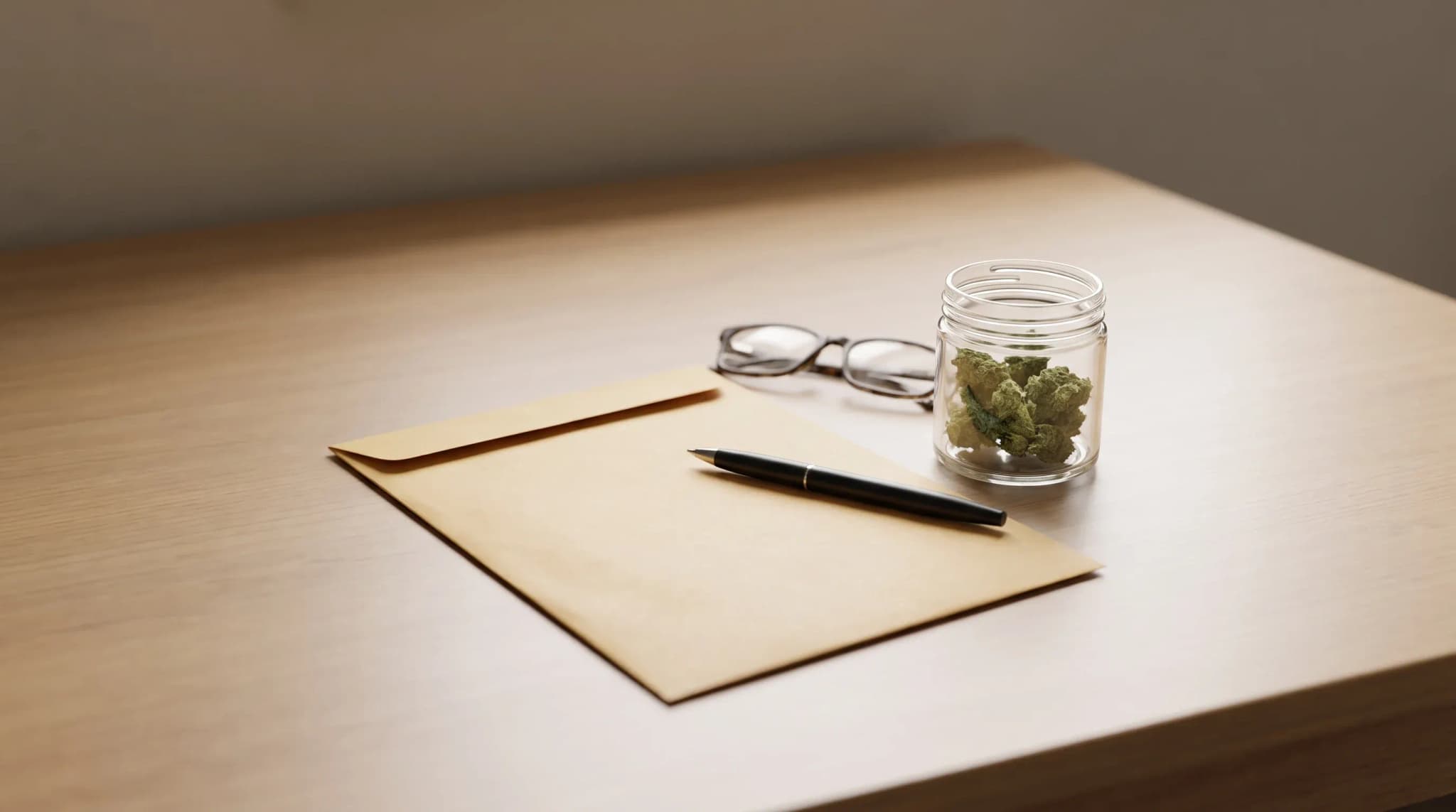 A manila envelope, a pen and a pair of reading glasses on a wooden desk beside a small glass jar of cannabis flower in morning light