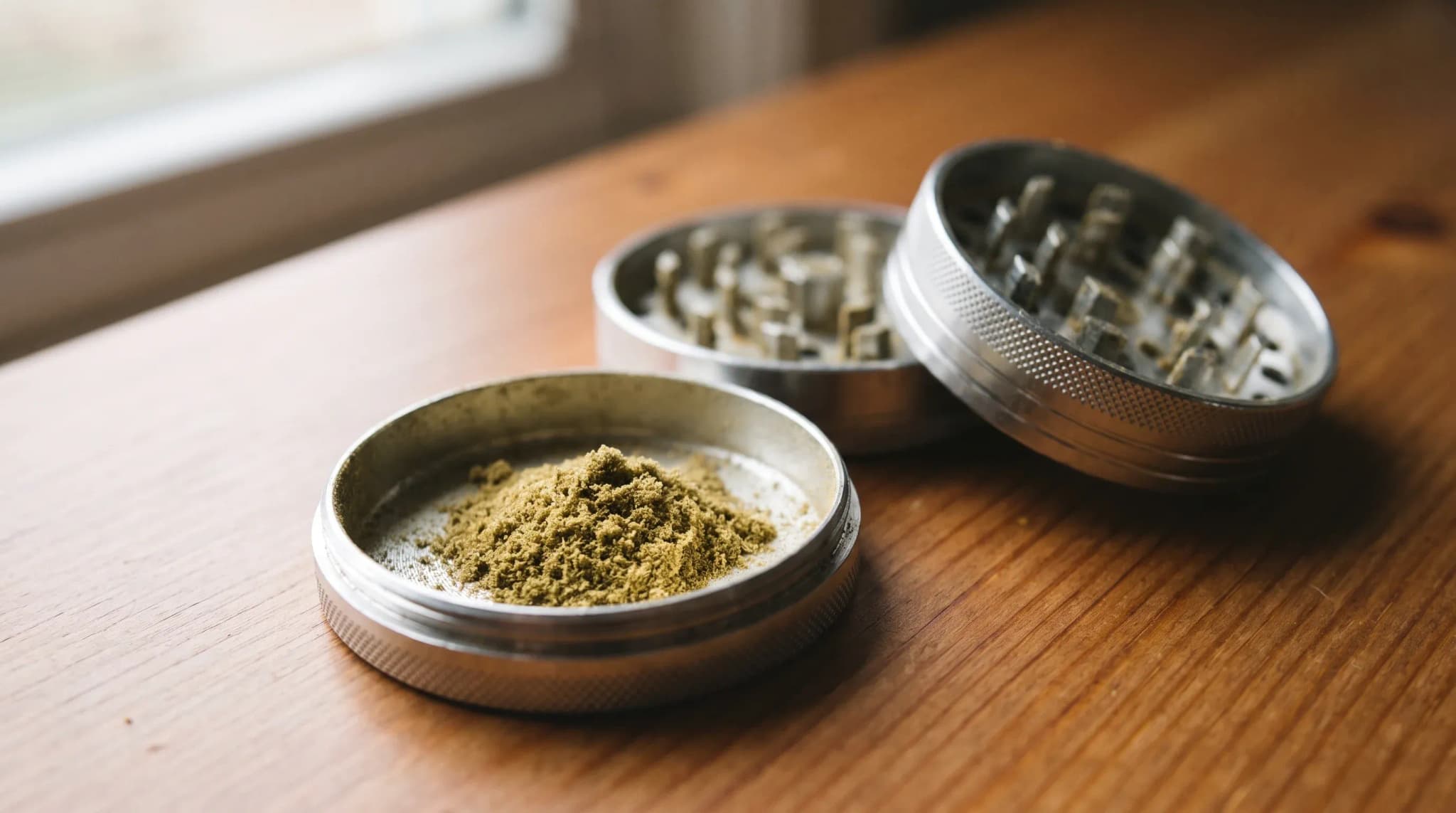 A small pile of fine golden-green powder in the open bottom chamber of a metal grinder on a wooden table