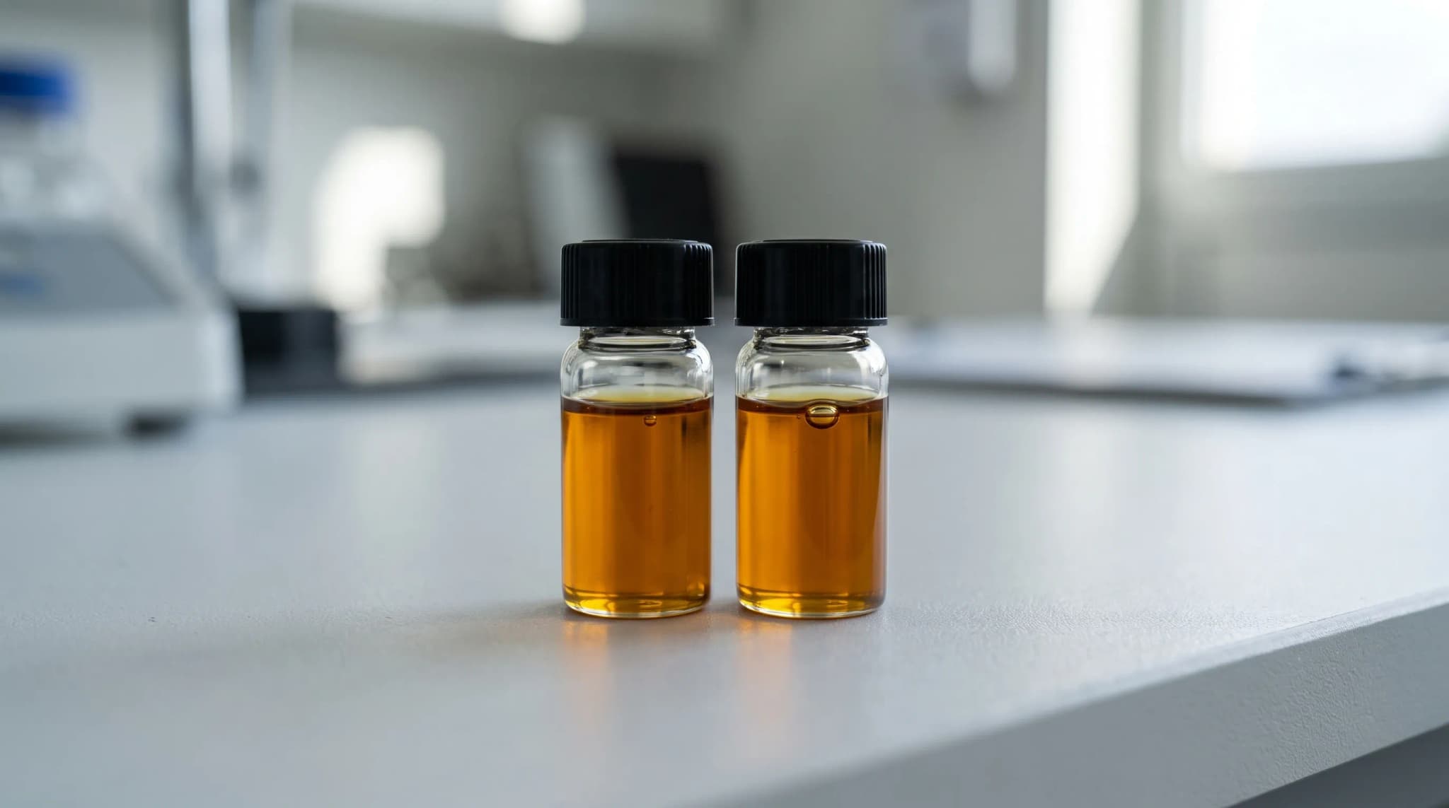 Two small unlabeled glass vials of amber cannabis oil side by side on a white laboratory bench