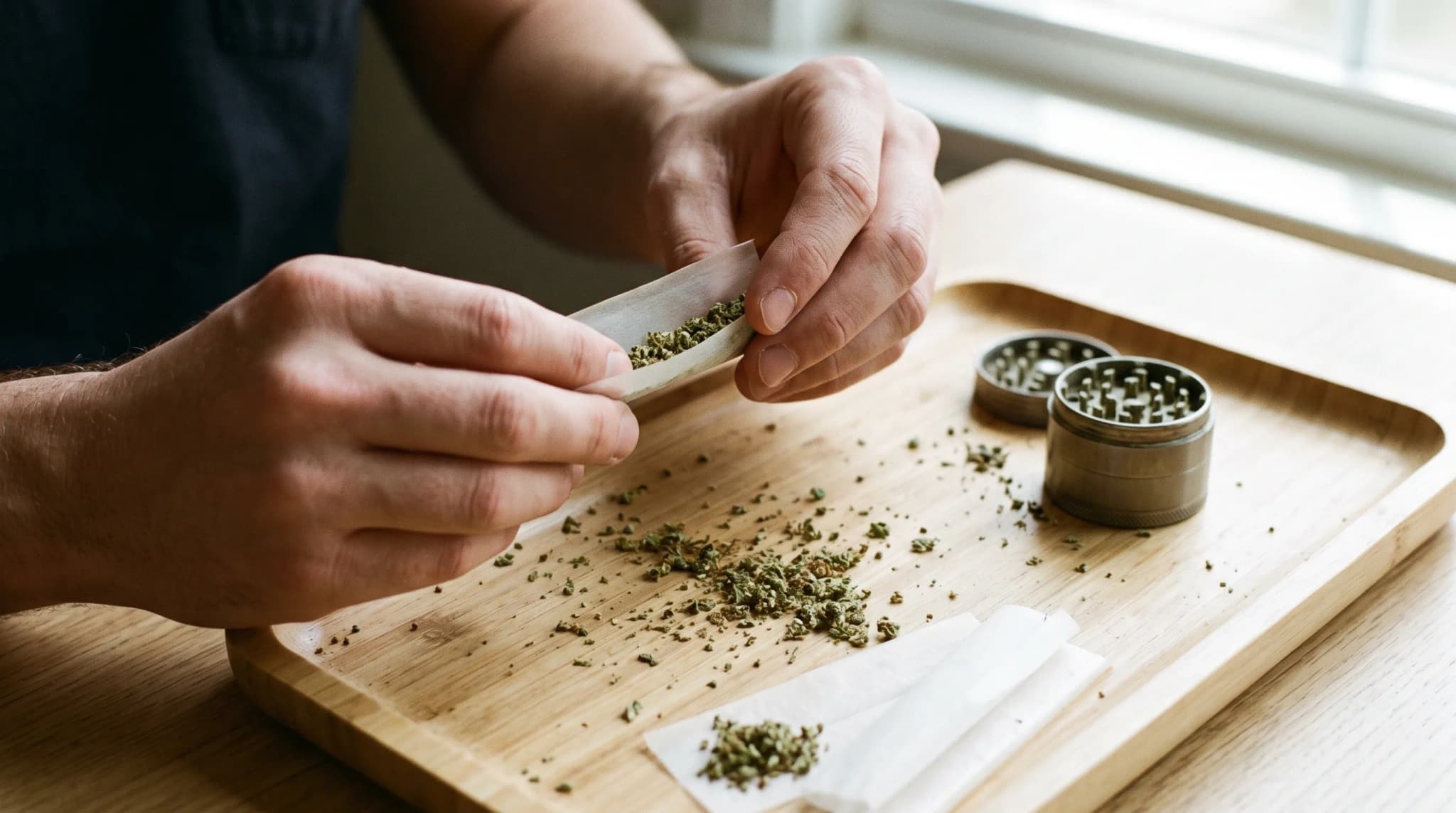 Hands rolling a joint over a wooden rolling tray with ground cannabis flower