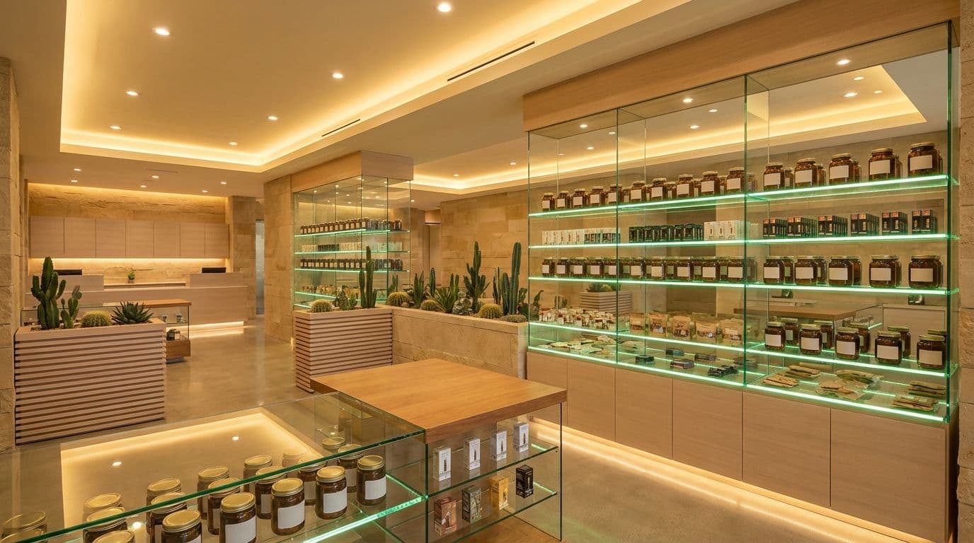 The Flower Shop dispensary exterior in Arizona with desert landscape and modern storefront design