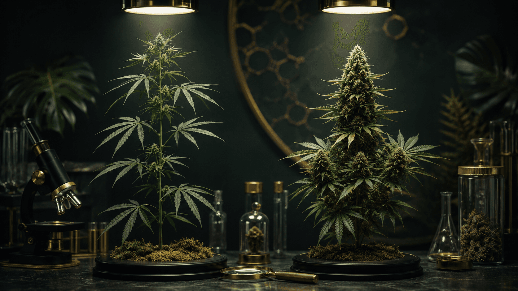 Two cannabis plant specimens side by side under laboratory lighting