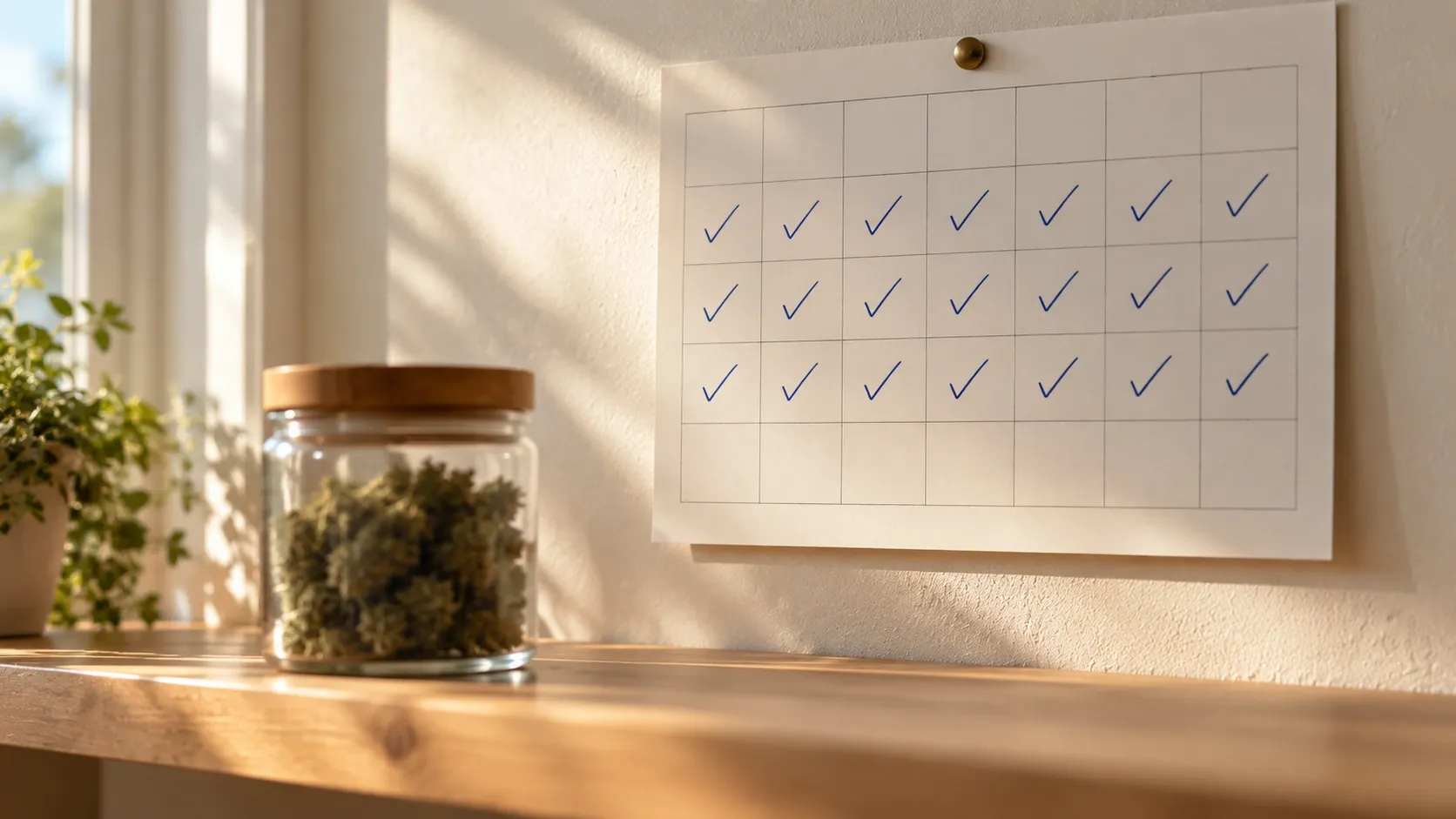 A wall calendar with days checked off in blue pen, beside a closed glass jar of cannabis on a wooden shelf in soft morning light