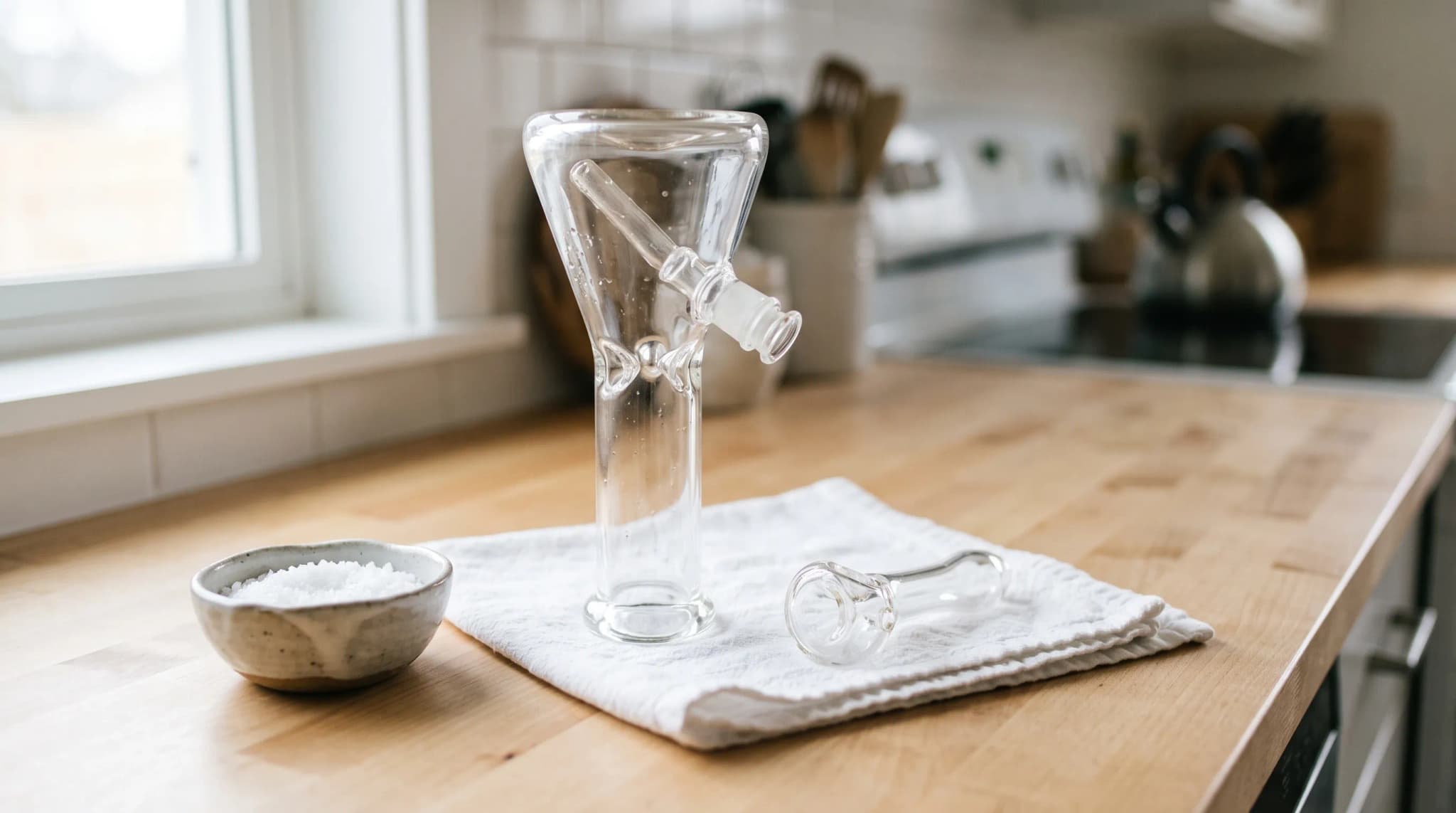 A clear glass bong and a small glass hand pipe drying upside down on a folded towel beside a bowl of coarse salt