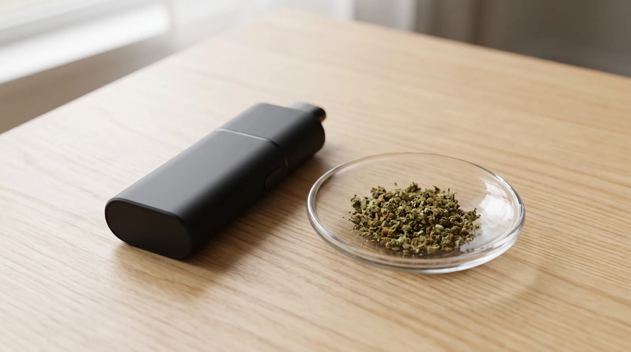 A compact matte-black portable vaporizer beside a small glass dish of ground cannabis flower on a light wooden table