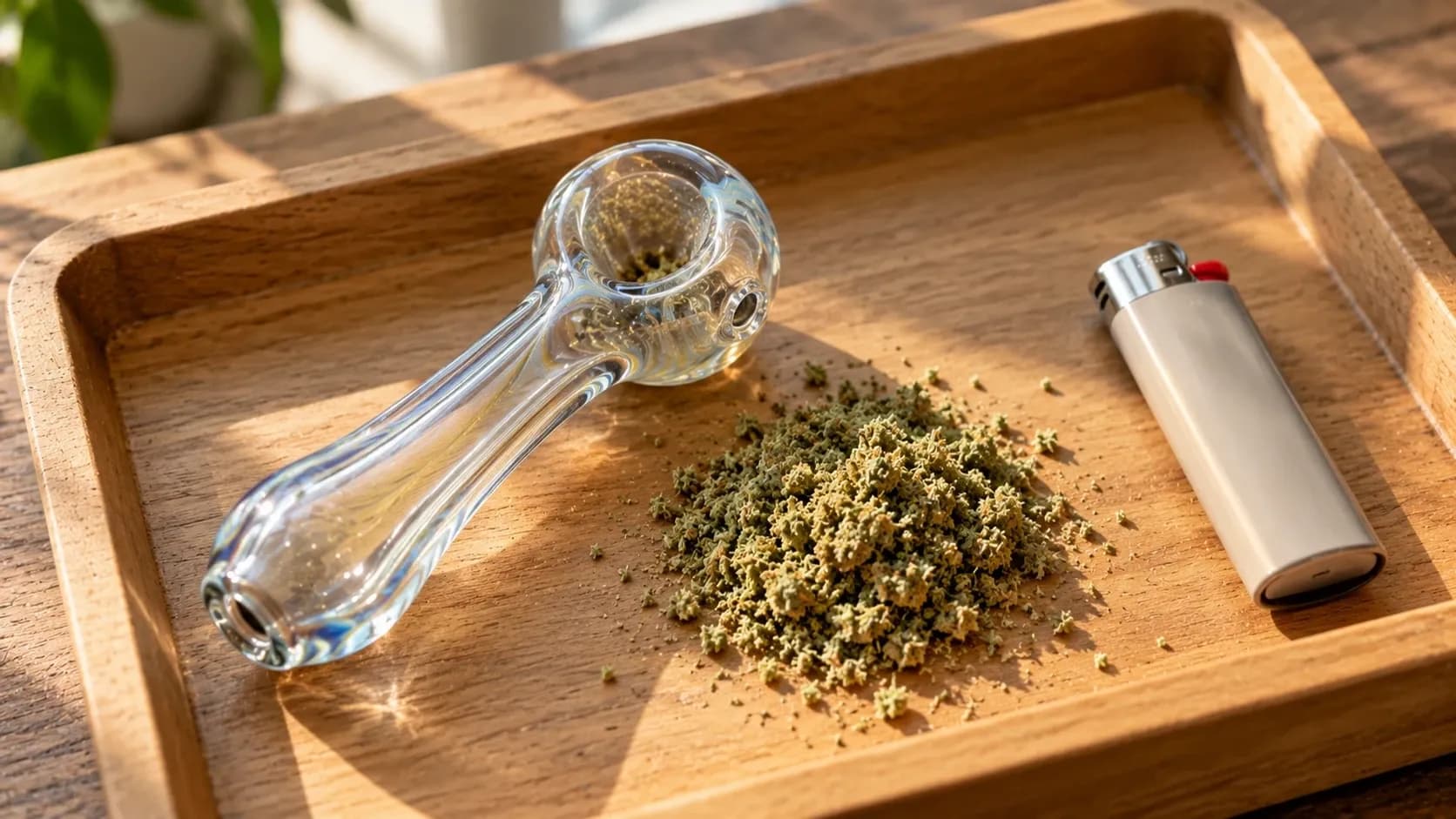 A clear glass hand pipe beside a small pile of ground cannabis flower and a lighter on a wooden tray