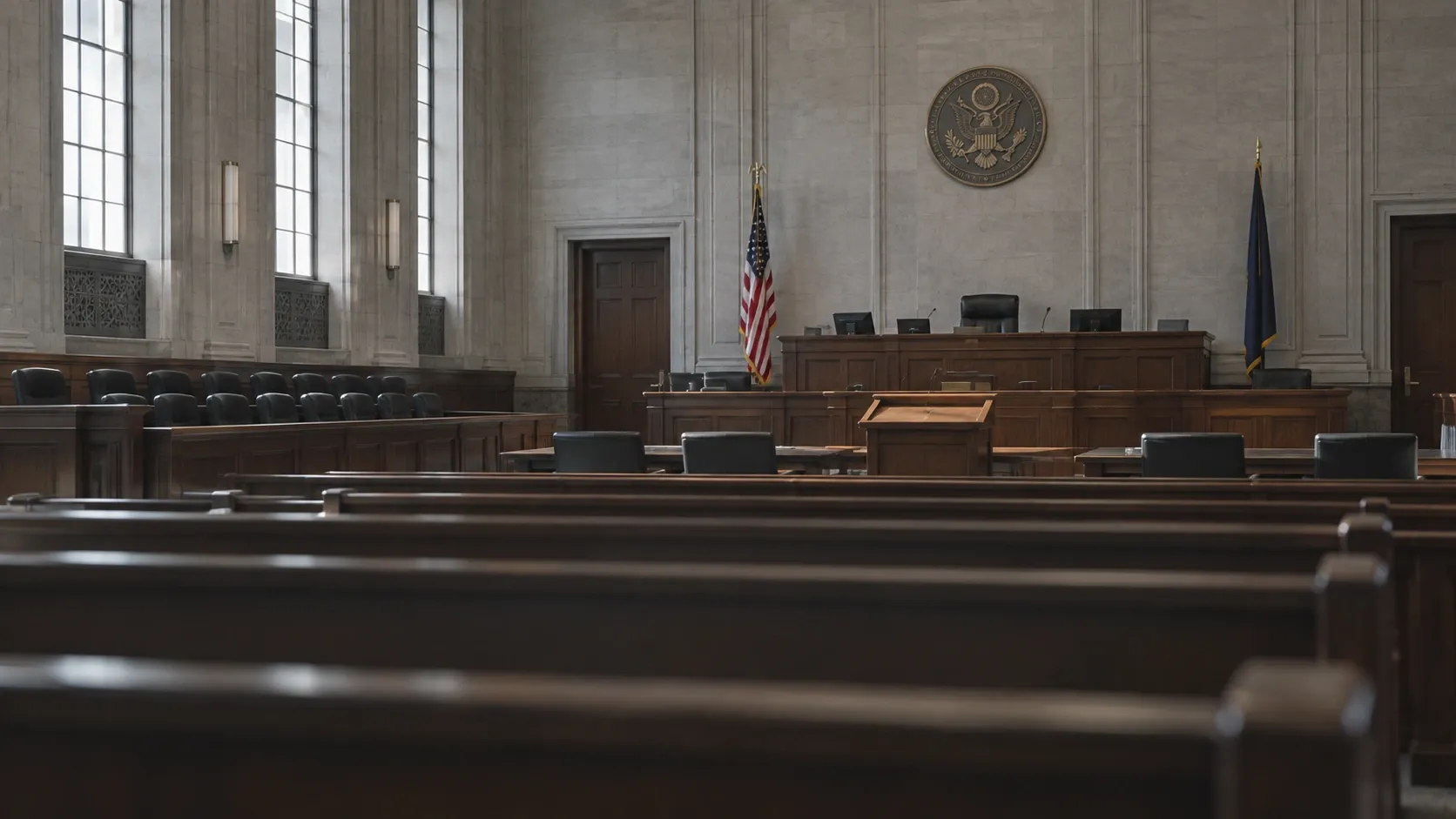 Empty wooden benches in a courtroom gallery, viewed from the back of the room toward the judge's bench
