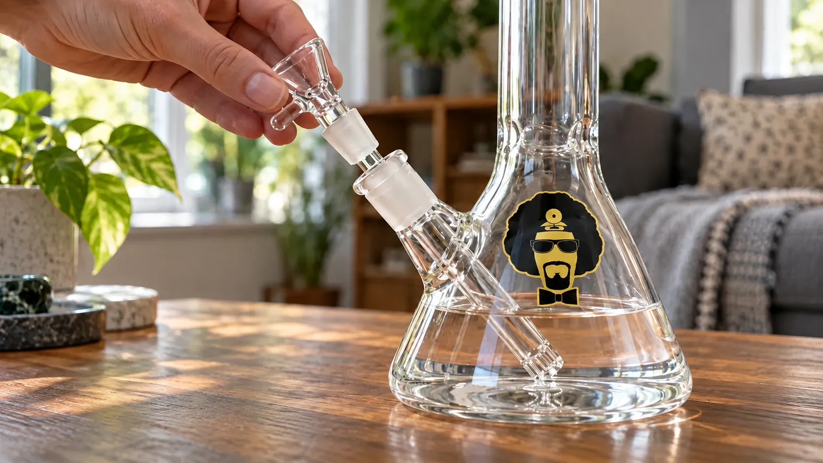 Close-up of a hand fitting a clear glass bowl piece into the joint of a glass bong on a wooden table