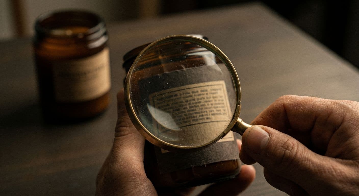 Close-up of a cannabis product label being examined with a magnifying glass