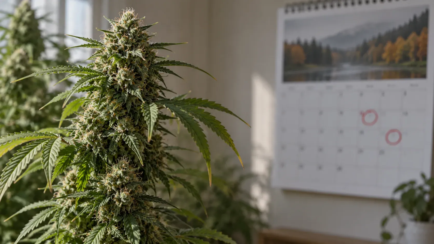 A hemp plant in flower beside a calendar page, representing the two federal compliance dates in late 2026
