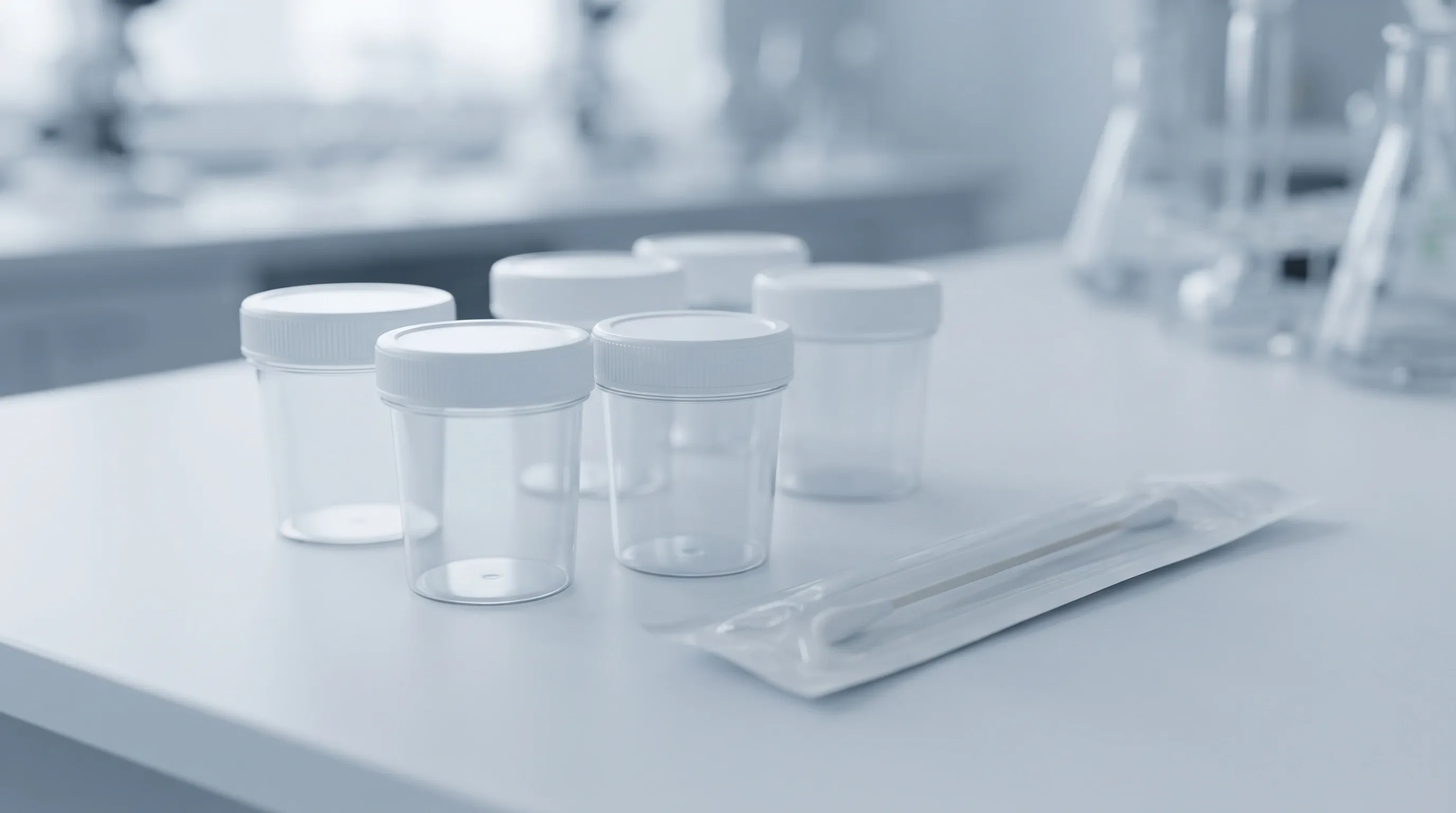 Sealed sample collection cups and an oral swab collector arranged on a clean white laboratory bench