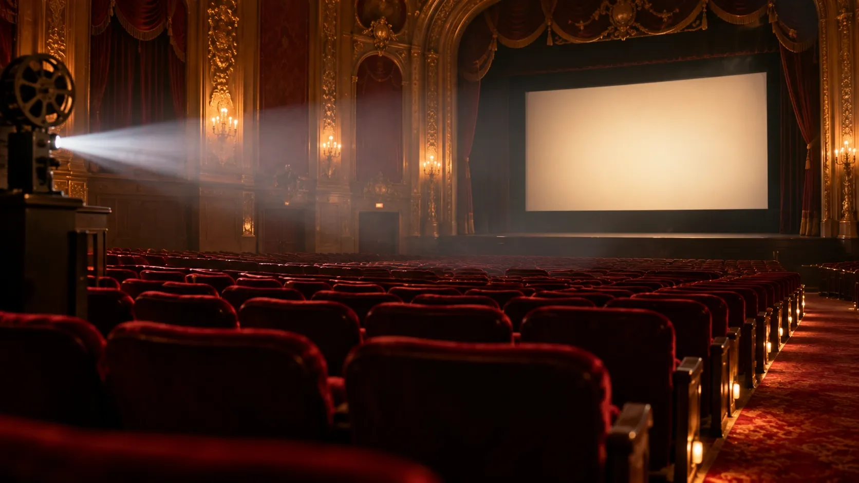A dim, empty 1930s-style movie theater with rows of red velvet seats and a beam of projector light cutting through haze toward a blank screen