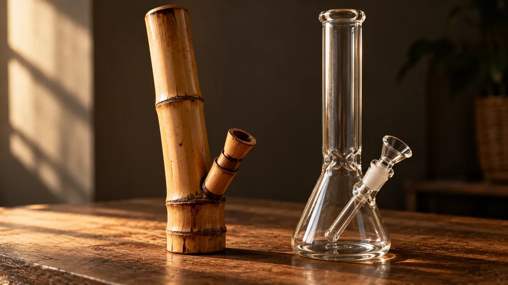 A bamboo water pipe and a clear glass bong standing side by side on a wooden table in warm light