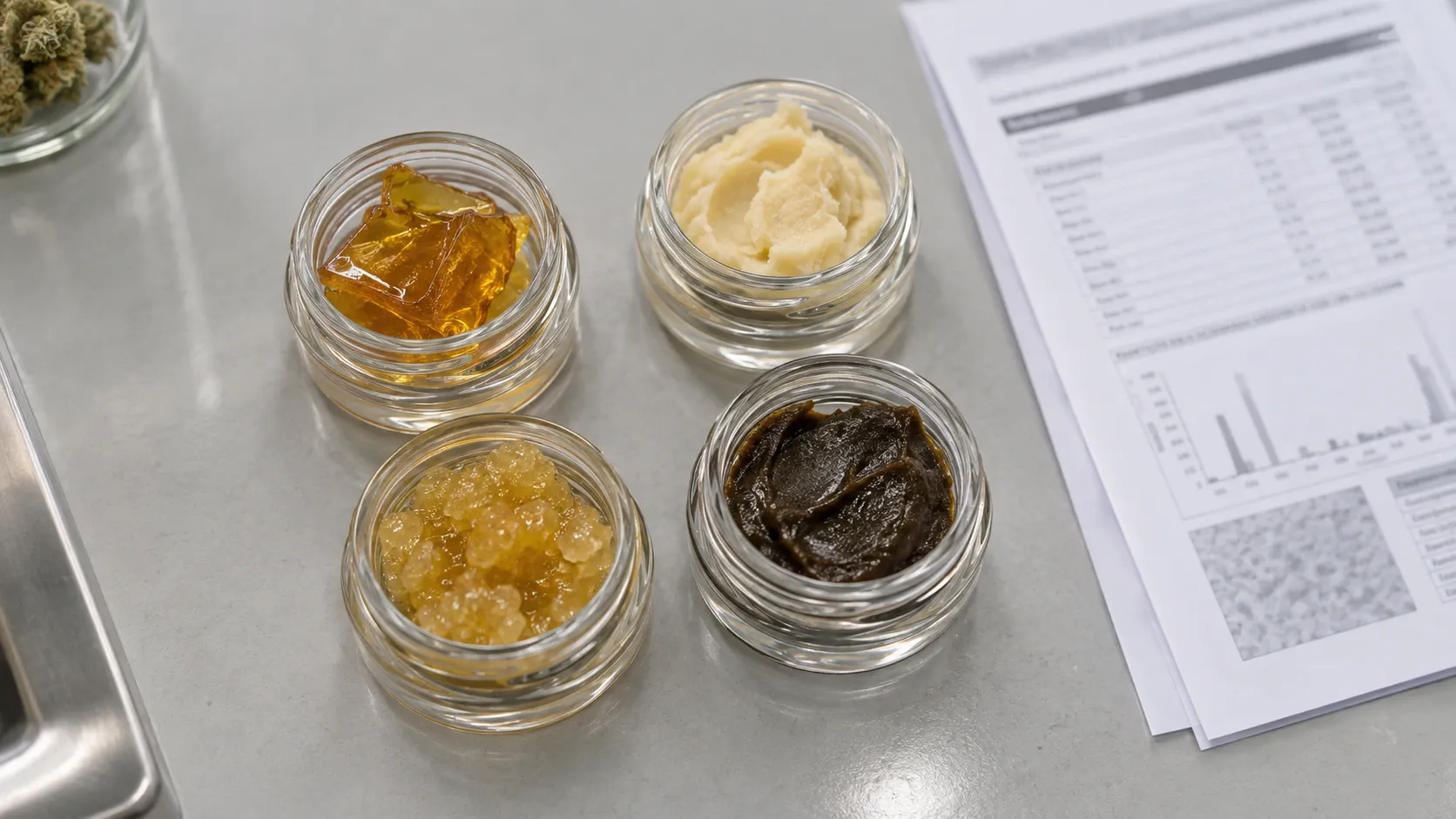 Four cannabis concentrate textures in glass jars on a dispensary counter beside a printed lab report