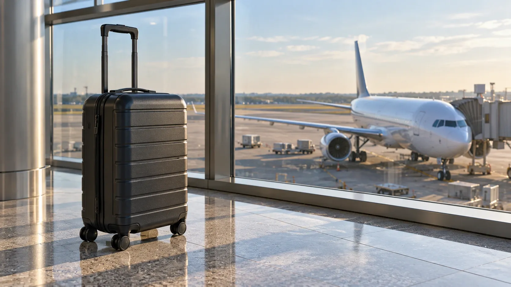 A traveler's carry-on suitcase on an airport terminal floor beside large windows overlooking a runway