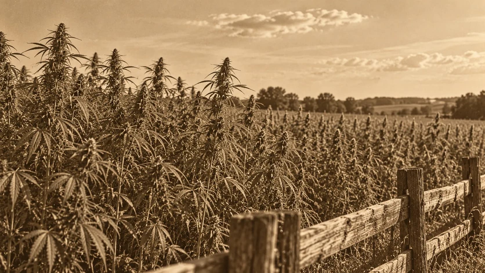 A sepia-toned field of tall hemp plants under a wide sky beside an old wooden farm fence, in the style of a 1940s photograph
