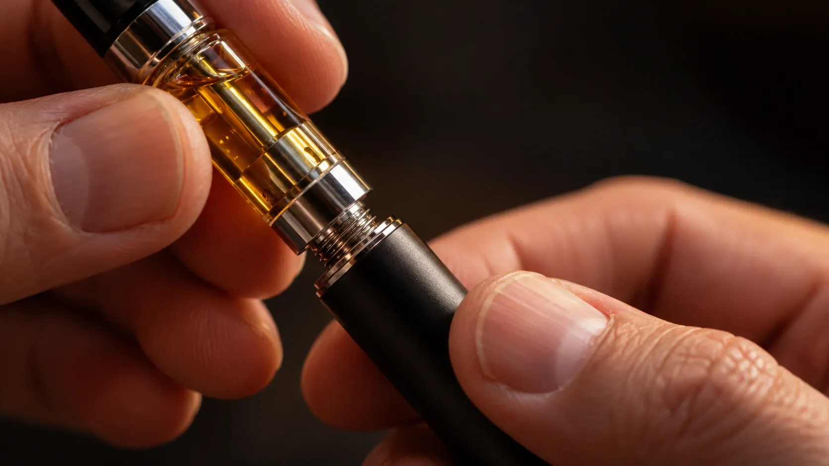 A close-up of hands screwing a cartridge onto a 510-thread vape battery
