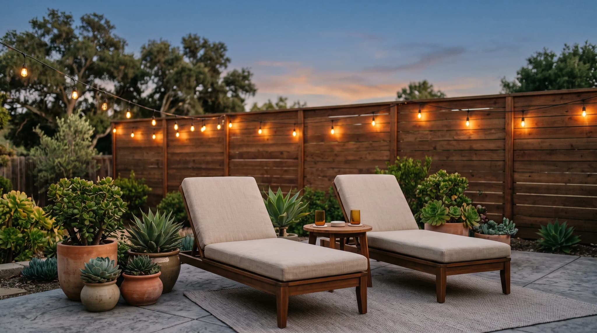 A quiet private backyard patio at dusk with two chairs and a small side table