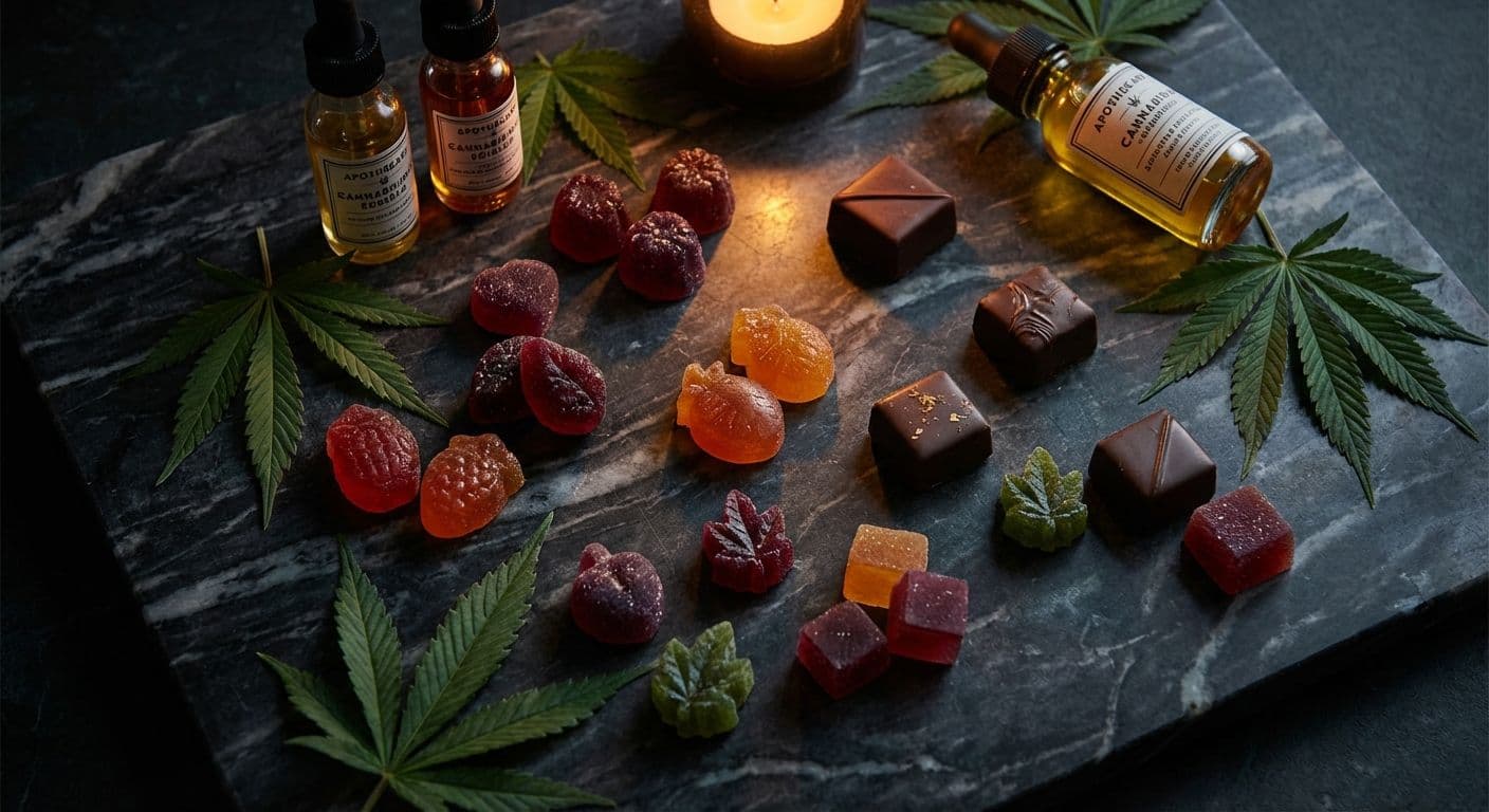 Cannabis-infused gummies, chocolates, and tinctures arranged on a dark marble surface
