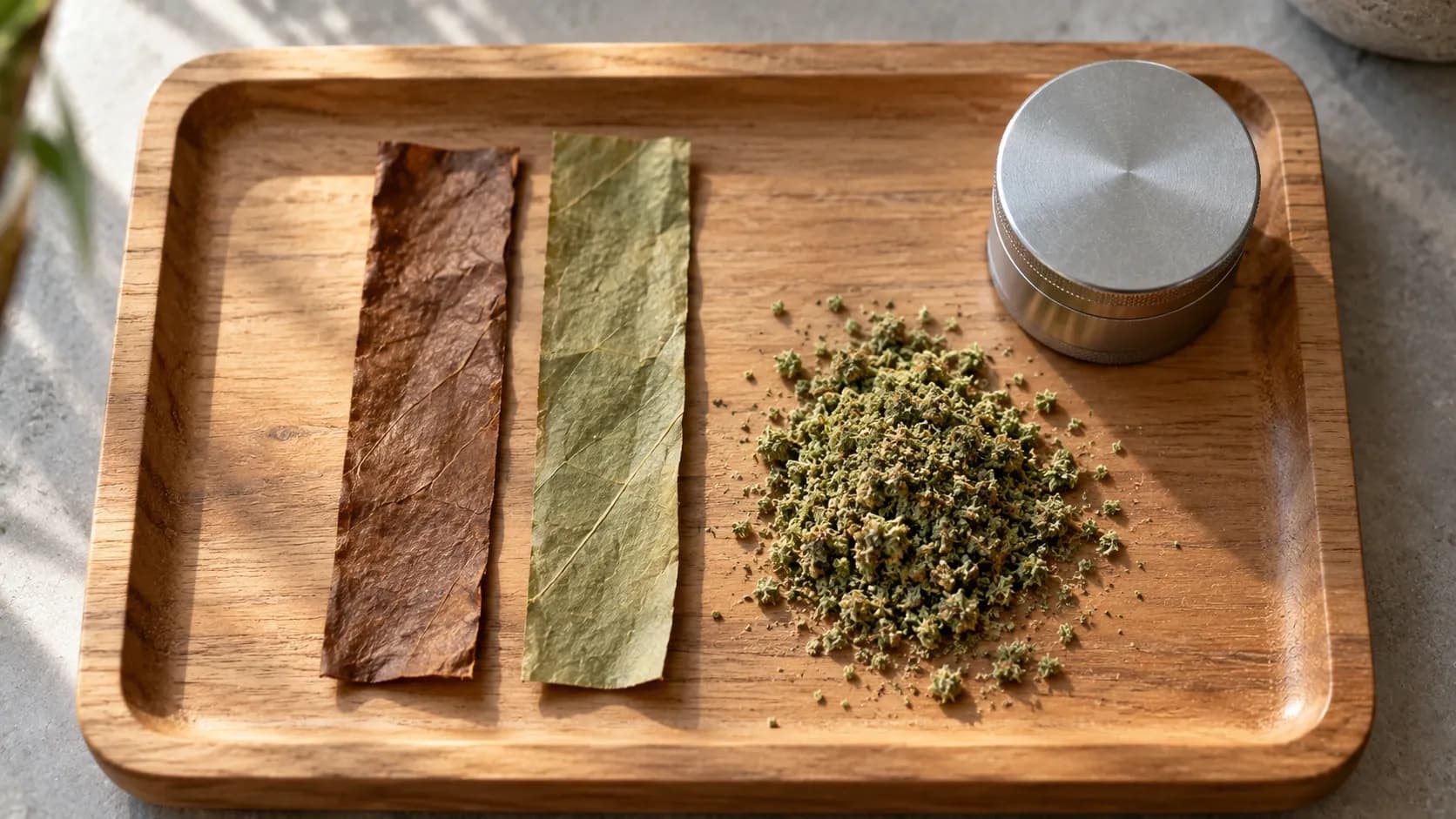 Two unrolled smoking wraps, one brown and one pale green, beside a small pile of ground cannabis and a metal grinder on a wooden tray