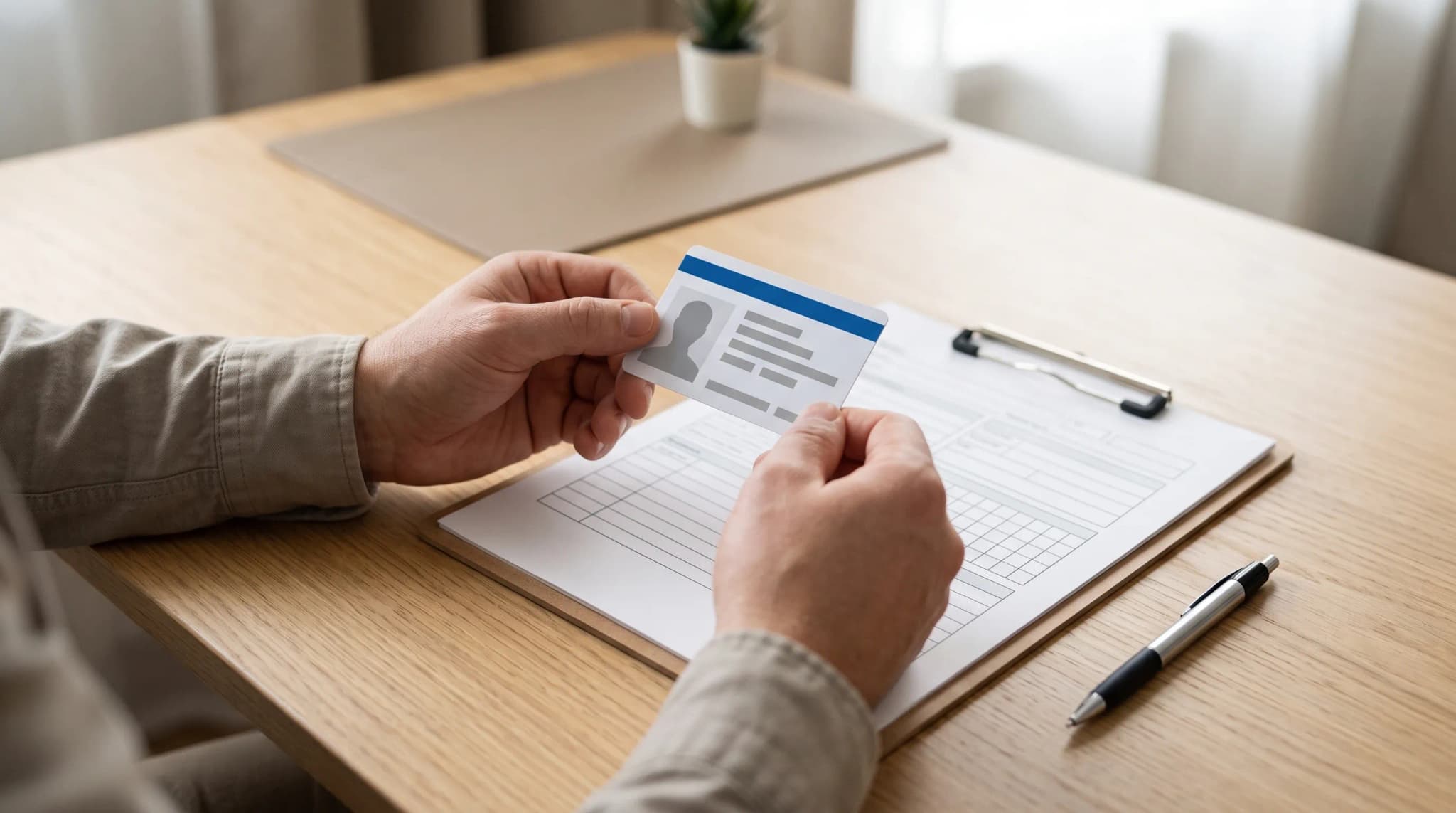A person's hands holding a blank identification card at a desk beside a clipboard of paperwork