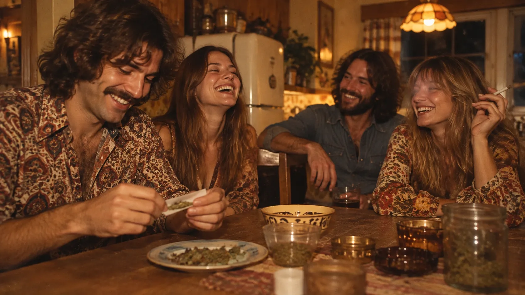 Four adult friends laughing around a kitchen table in a 1970s-style photo while one rolls a joint