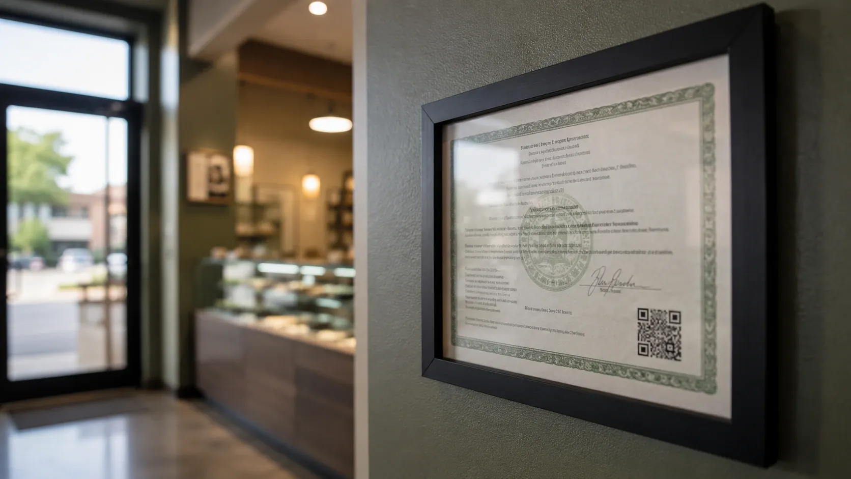 A cannabis retail license certificate displayed in a dispensary window beside the entrance