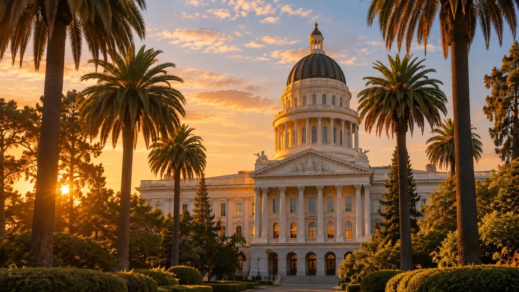A domed state capitol building at golden hour framed by palm trees