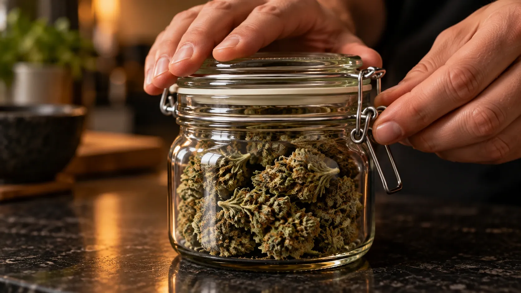 A close-up of hands sealing whole cannabis buds into an airtight glass jar