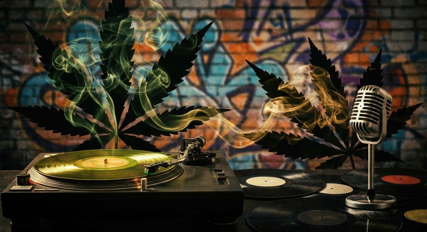 Turntable, microphone, and cannabis leaves representing hip-hop and cannabis culture