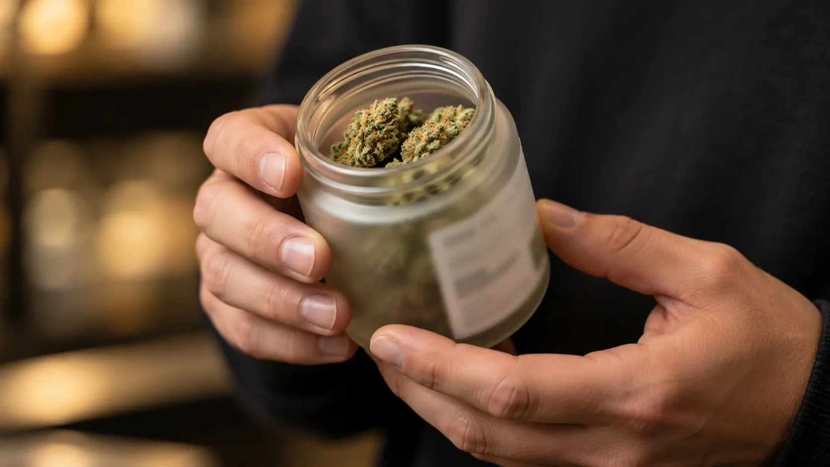 A person turning a glass cannabis jar in their hands to examine the label under dispensary lighting