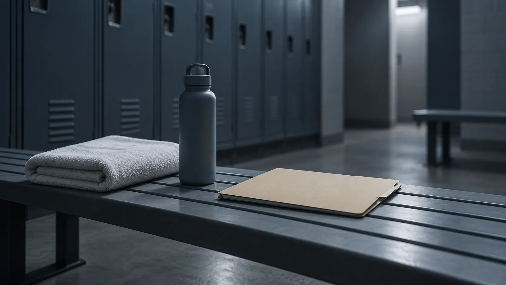 An empty locker room bench with a closed folder, representing league policy documents