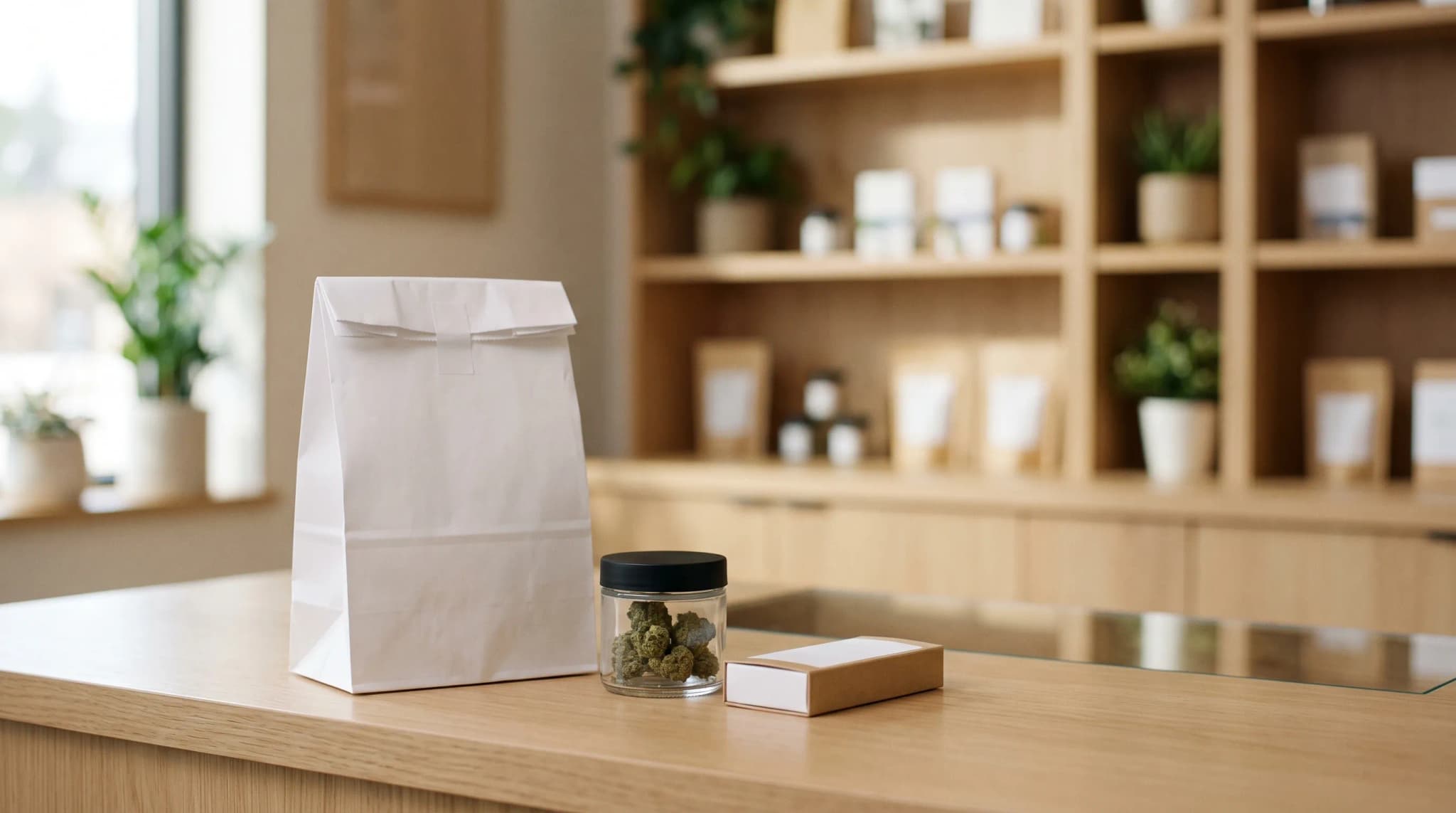 A paper dispensary exit bag and a small glass jar of cannabis flower on a store counter