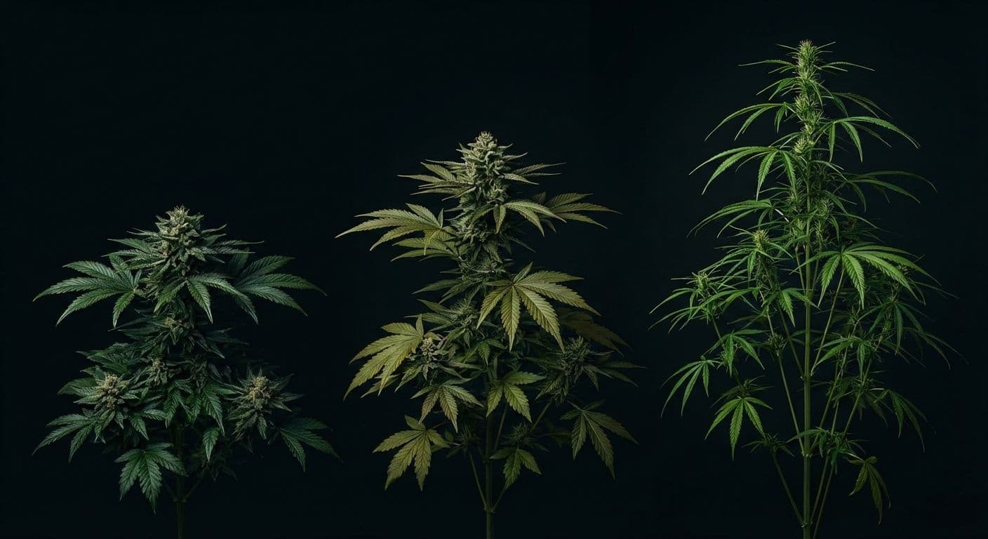 Three cannabis plant varieties showing indica, sativa, and hybrid differences